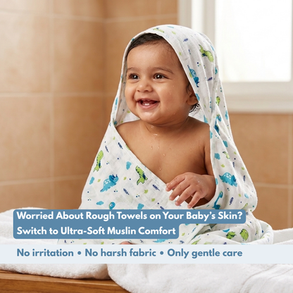 Little Dino World Baby Muslin Towel Set (120 x 100 cm) + 2 Free Wipes (10x10 inch)
