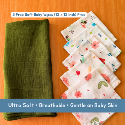 100% Organic Muslin Green Baby Bath Towel (70 x 130 cm) + Get 5 Printed Muslin Wipes Free (12 x 12 Inches)