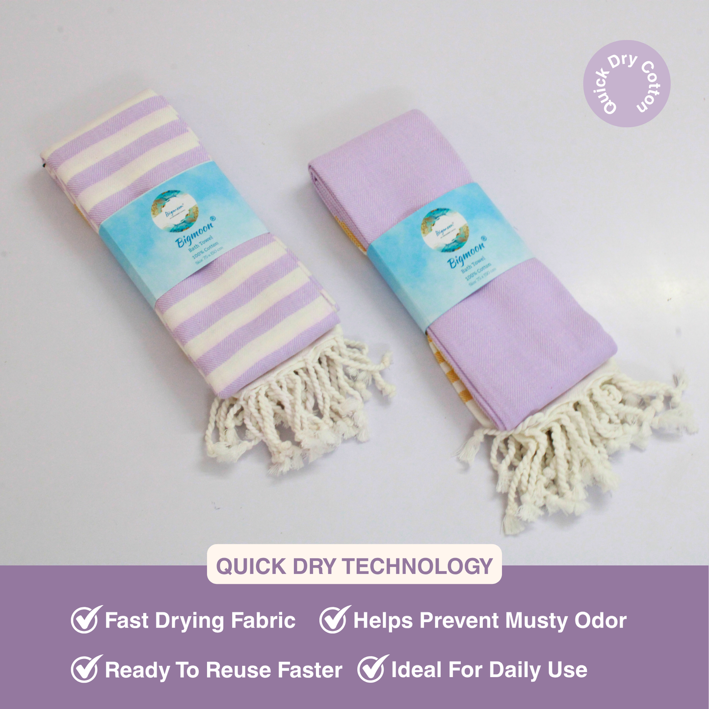 Premium Cotton Bath Towel 150 x 75 cm | Pack of 1 (Lavender with Mustard Striped Border)
