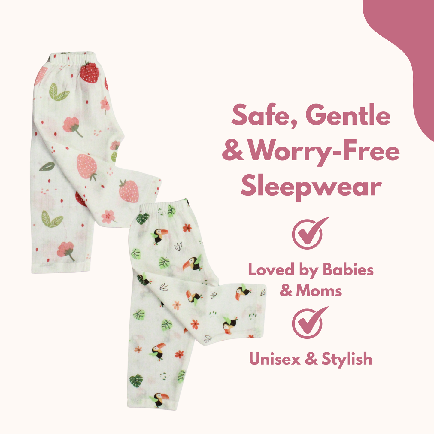 Organic Muslin Sleepsuit | Full Sleeve Top & Pant (Pack of 2, Strawberry & Toucan Bird Print)