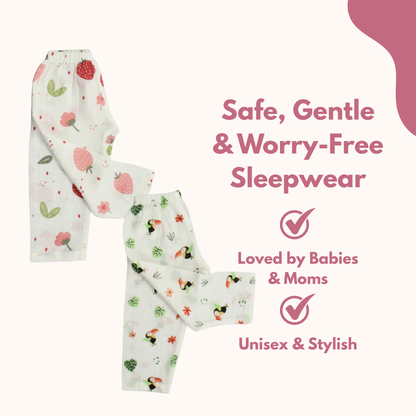 Organic Muslin Sleepsuit | Full Sleeve Top & Pant (Pack of 2, Strawberry & Toucan Bird Print)
