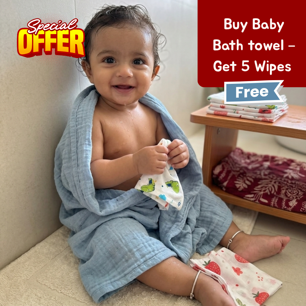 100% Organic Muslin Blue Baby Bath Towel (110 x 75 cm) + Get 5 Printed Muslin Wipes Free (12 x 12 Inches)