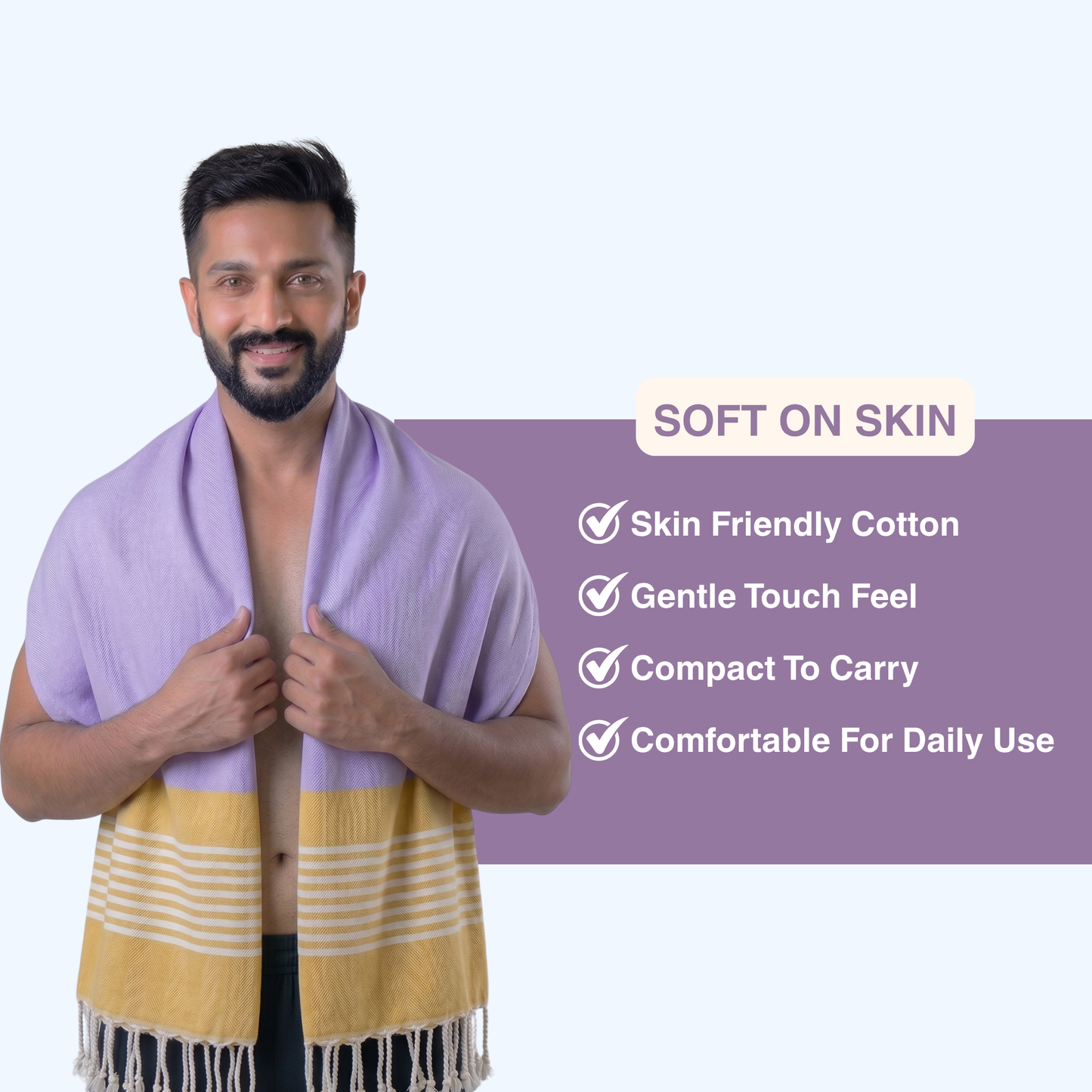 Premium Cotton Bath Towel 150 x 75 cm | Pack of 1 (Lavender with Mustard Striped Border)