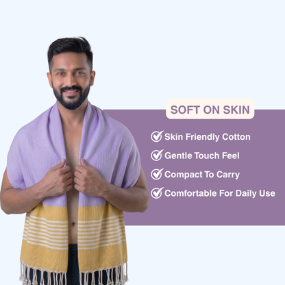 Premium Cotton Bath Towel 150 x 75 cm | Pack of 1 (Lavender with Mustard Striped Border)