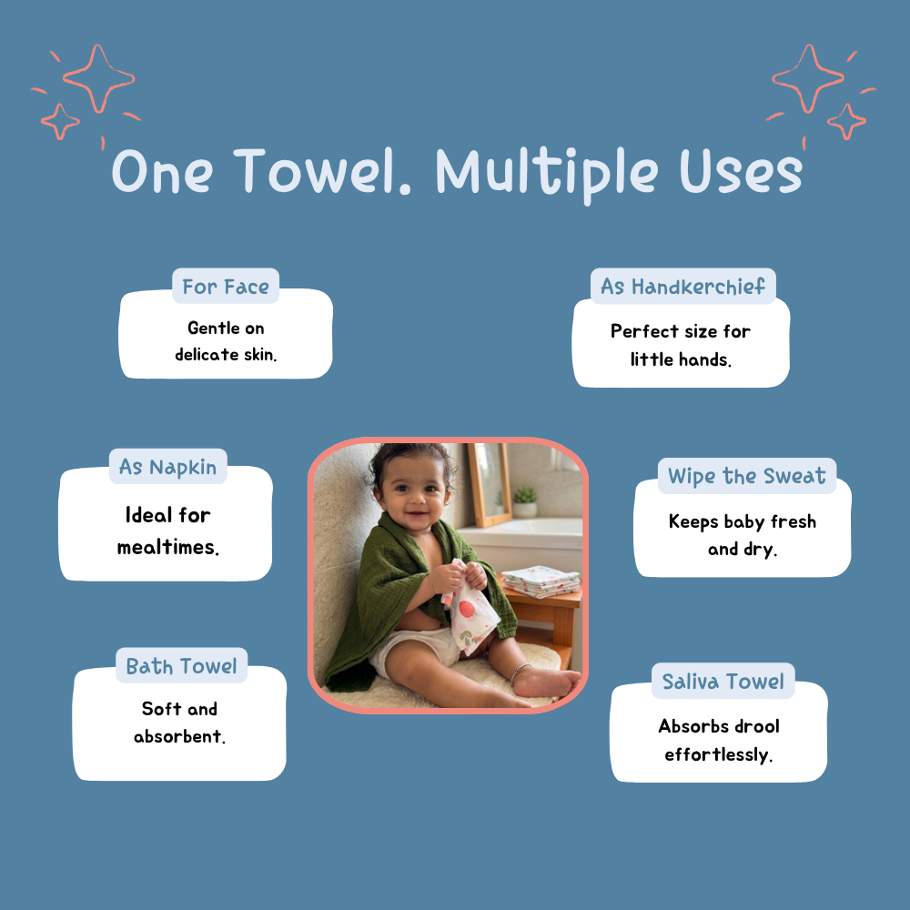 100% Organic Muslin Green Baby Bath Towel (70 x 130 cm) + Get 5 Printed Muslin Wipes Free (12 x 12 Inches)