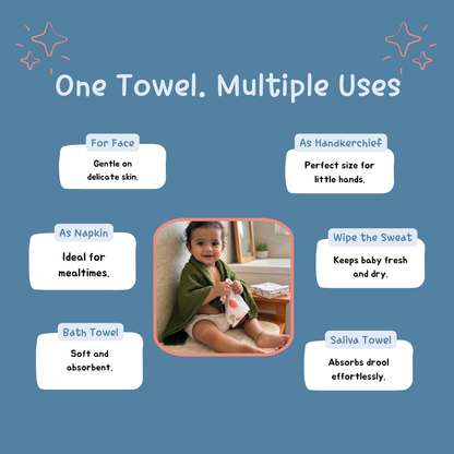 100% Organic Muslin Green Baby Bath Towel (70 x 130 cm) + Get 5 Printed Muslin Wipes Free (12 x 12 Inches)