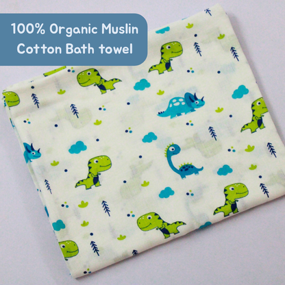 Little Dino World Baby Muslin Towel Set (120 x 100 cm) + 2 Free Wipes (10x10 inch)