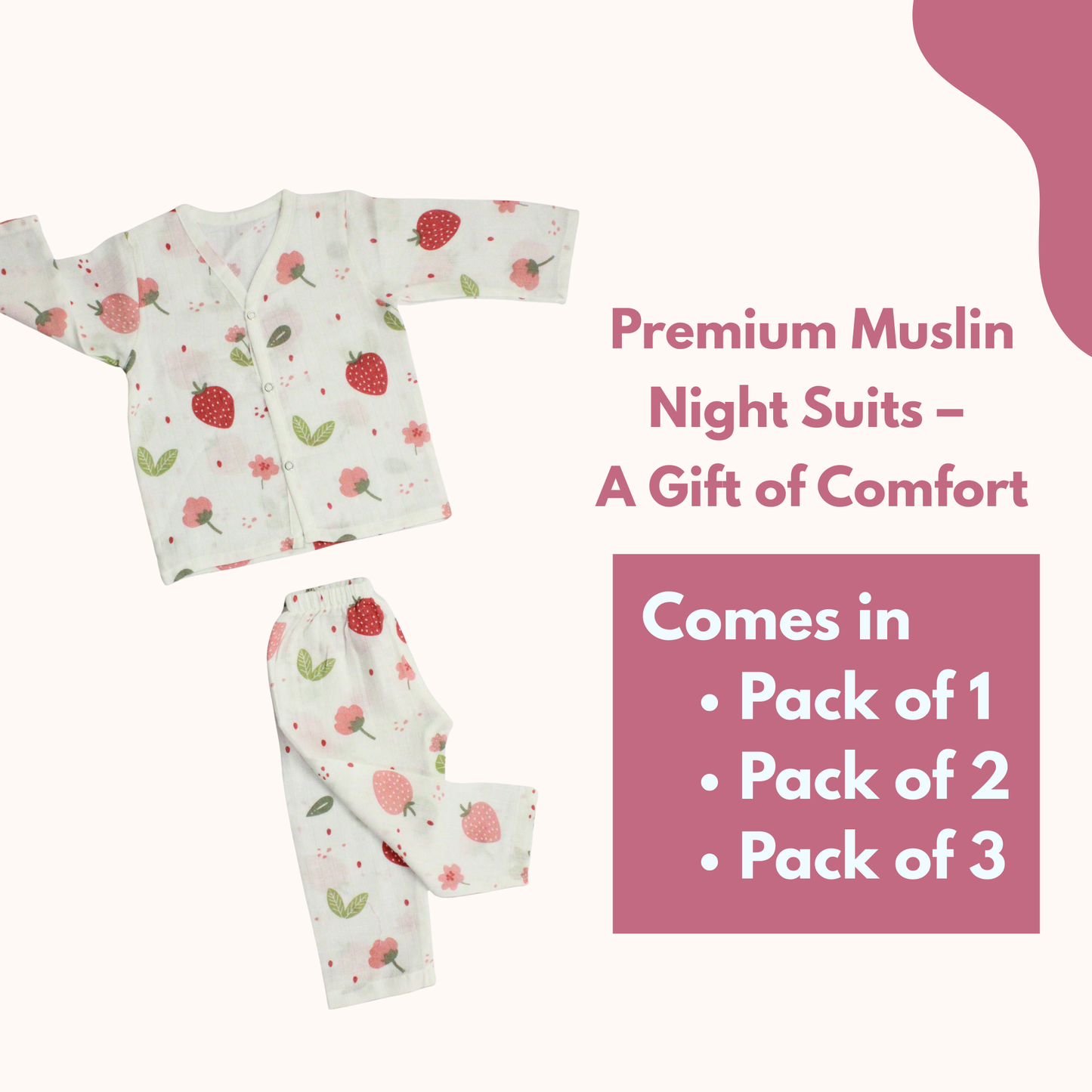 Organic Muslin Sleepsuit | Full Sleeve Top & Pant (Pack of 2, Strawberry & Toucan Bird Print)