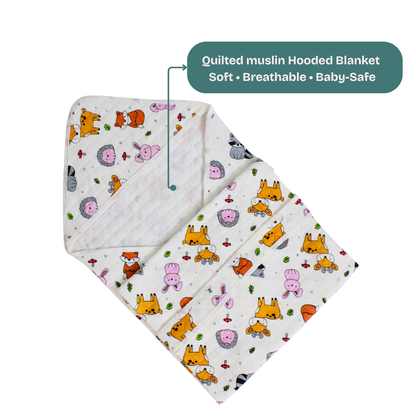 Fun animals Print – Muslin Quilted Hooded Blanket with Belt | 85 x 85 cm | Pack of 1