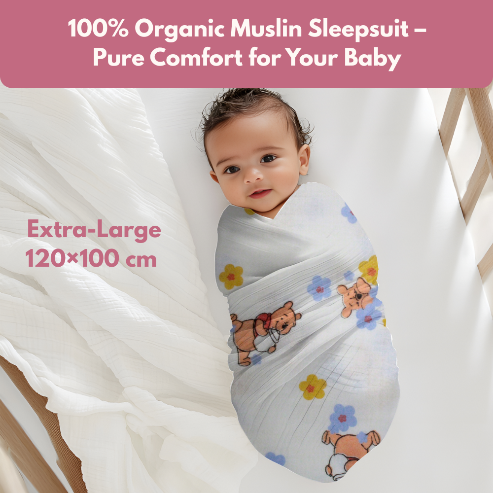 Muslin Swaddle Blanket for Newborn Baby (120 x 100 cm, Bear & floral printed , Pack of 1)