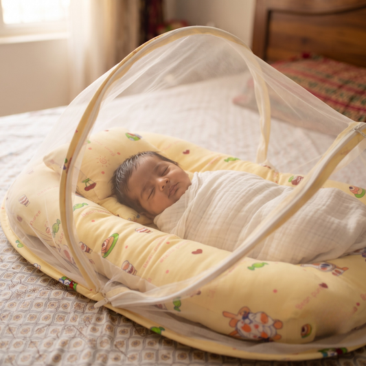 Teddy Dreams Premium Cotton Baby Bedding Set with 360° Mosquito Net | (75 × 45 cm)