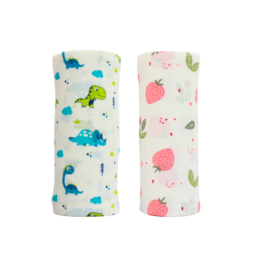 Dino & strawberry Dreamland 100% GOTS Certified | Double Layer Muslin Swaddle (75 x 75 cm, Pack of 2)