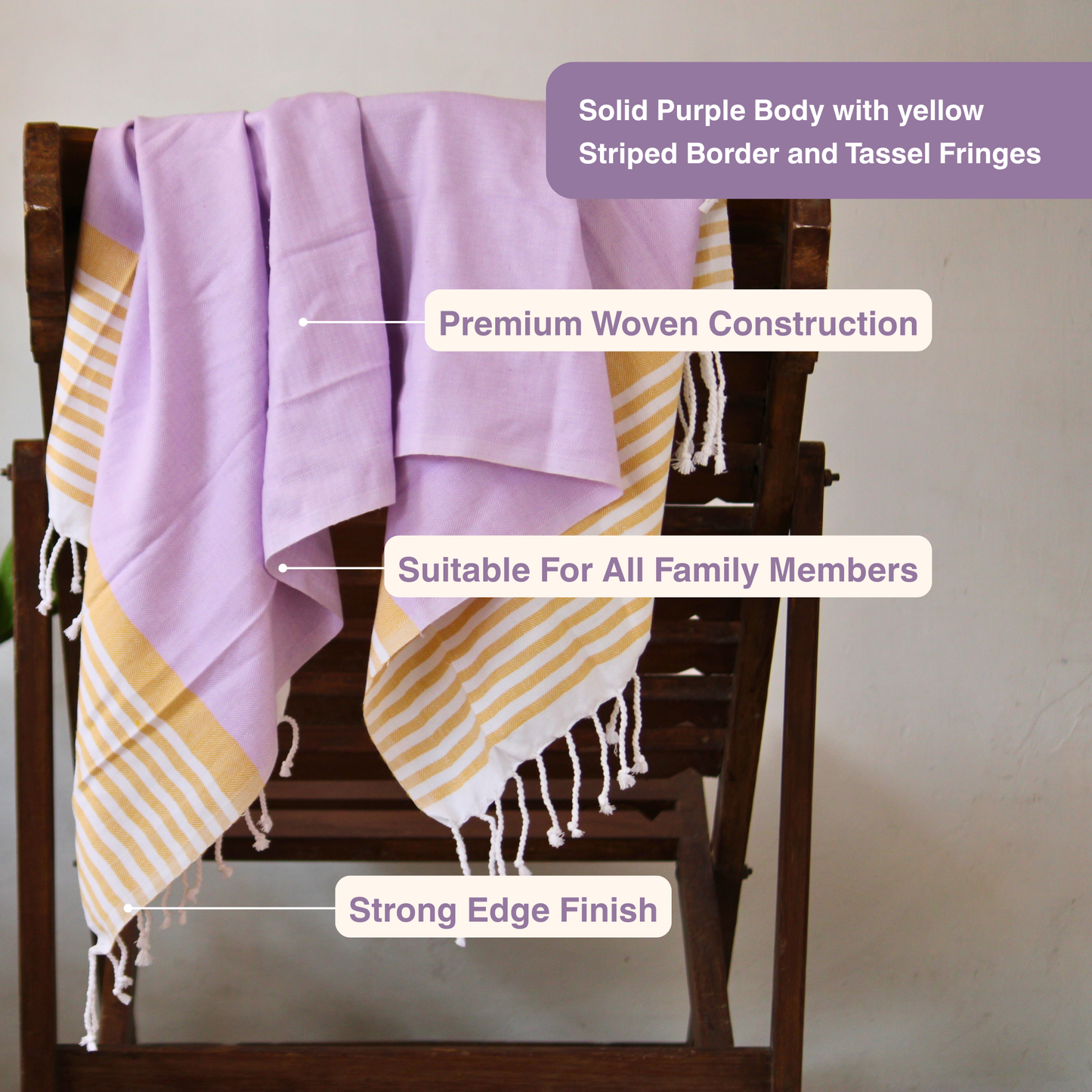 Premium Cotton Bath Towel 150 x 75 cm | Pack of 1 (Lavender with Mustard Striped Border)