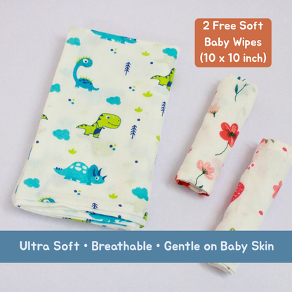 Little Dino World Baby Muslin Towel Set (120 x 100 cm) + 2 Free Wipes (10x10 inch)