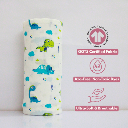 Dino & strawberry Dreamland 100% GOTS Certified | Double Layer Muslin Swaddle (75 x 75 cm, Pack of 2)