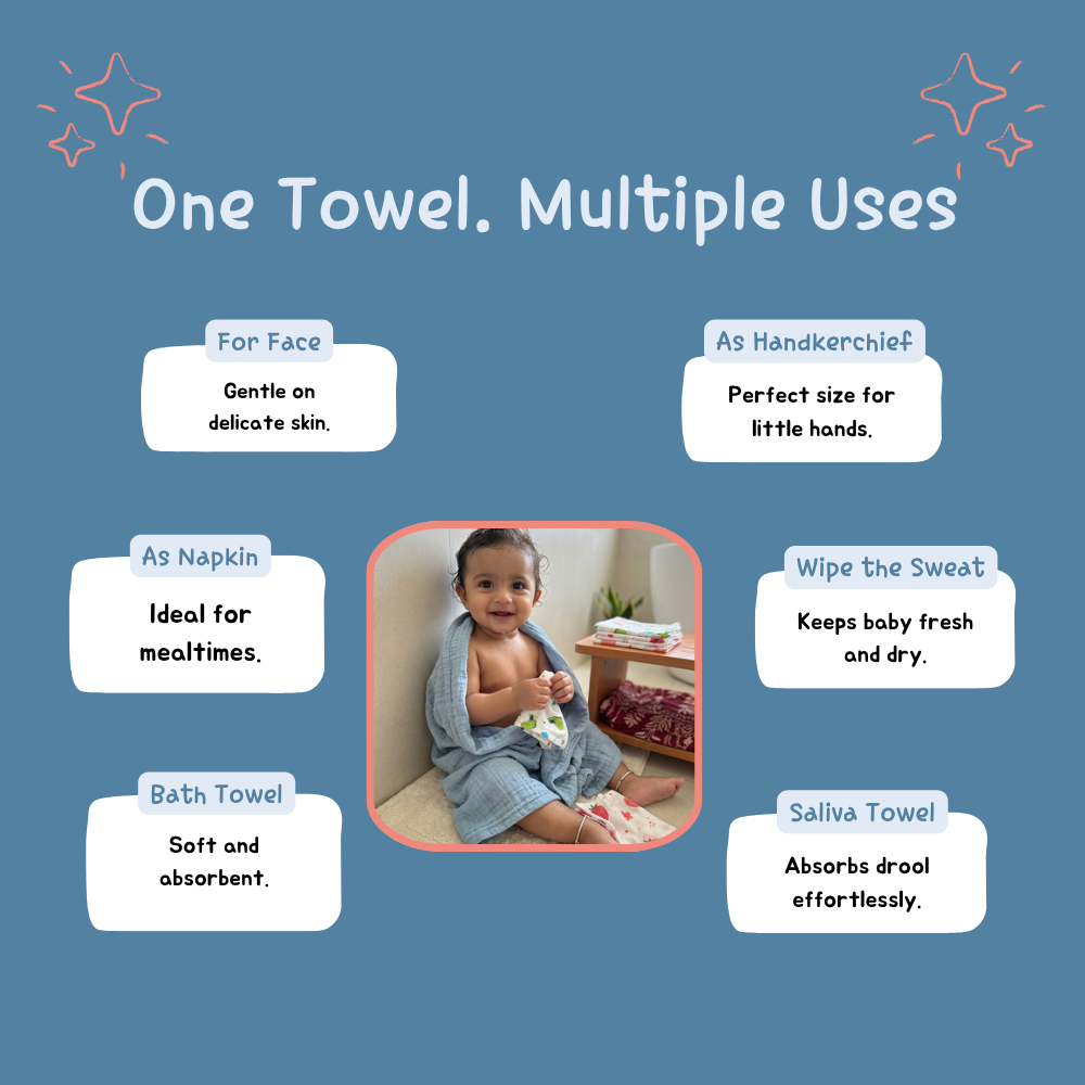 100% Organic Muslin Blue Baby Bath Towel (110 x 75 cm) + Get 5 Printed Muslin Wipes Free (12 x 12 Inches)