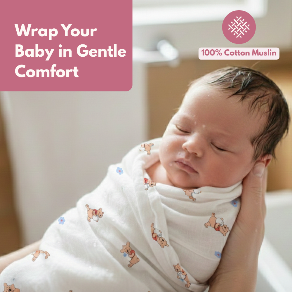 Muslin Swaddle Blanket for Newborn Baby (120 x 100 cm, Bear & floral printed , Pack of 1)