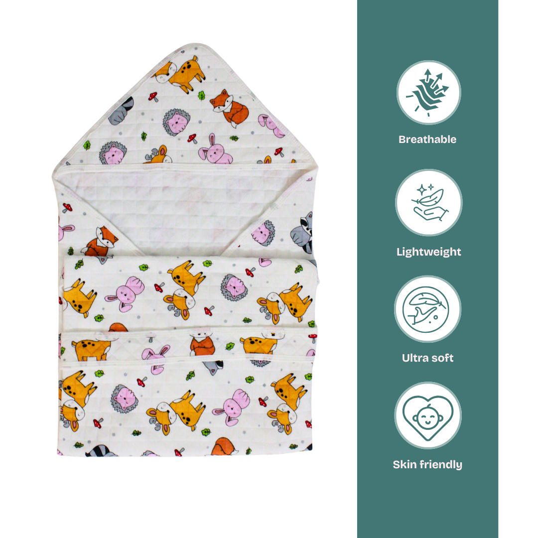 Fun animals Print – Muslin Quilted Hooded Blanket with Belt | 85 x 85 cm | Pack of 1