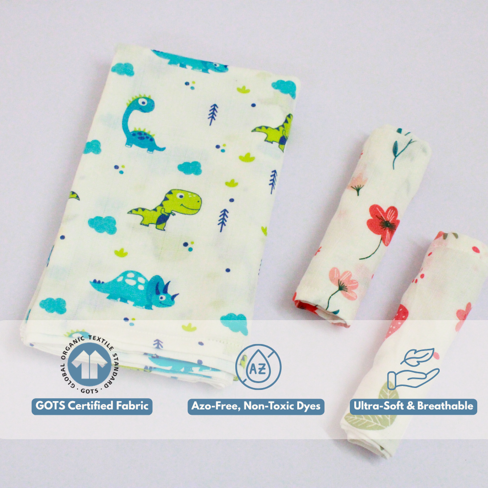 Little Dino World Baby Muslin Towel Set (120 x 100 cm) + 2 Free Wipes (10x10 inch)
