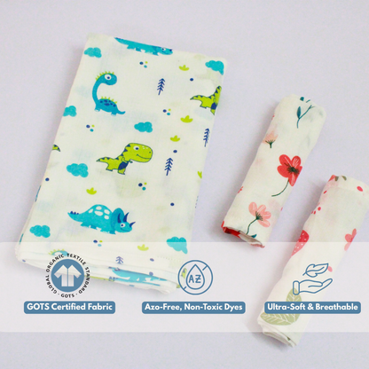 Little Dino World Baby Muslin Towel Set (120 x 100 cm) + 2 Free Wipes (10x10 inch)