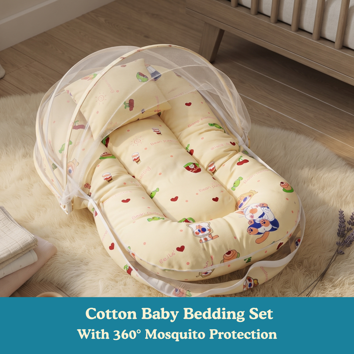 Teddy Dreams Premium Cotton Baby Bedding Set with 360° Mosquito Net | (75 × 45 cm)