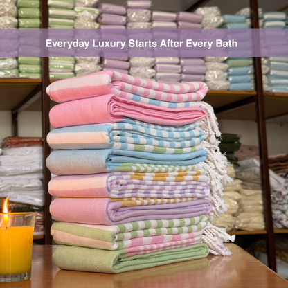 Premium Cotton Bath Towel 150 x 75 cm | Pack of 1 (Lavender with Mustard Striped Border)