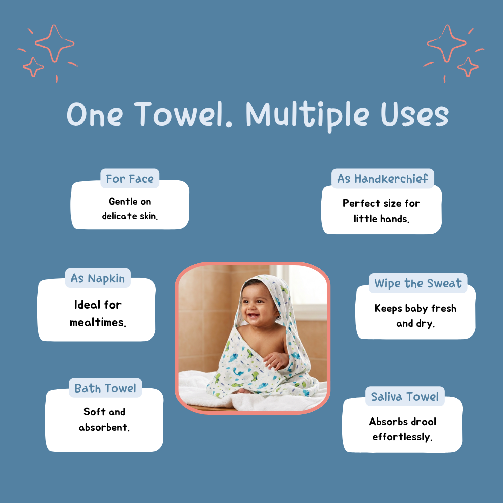 Little Dino World Baby Muslin Towel Set (120 x 100 cm) + 2 Free Wipes (10x10 inch)