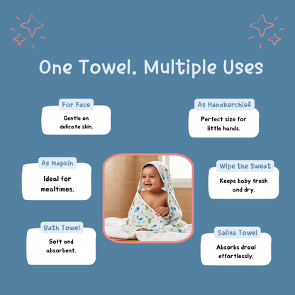 Little Dino World Baby Muslin Towel Set (120 x 100 cm) + 2 Free Wipes (10x10 inch)