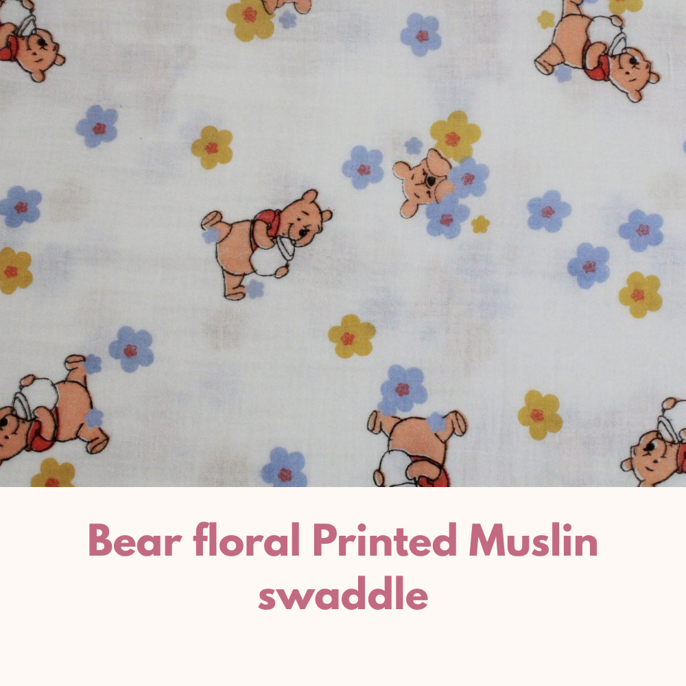 Muslin Swaddle Blanket for Newborn Baby (120 x 100 cm, Bear & floral printed , Pack of 1)