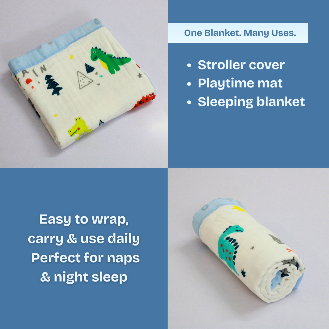 6 Layer Dino Adventure Print Baby Blanket 110x100 cm - Pack of 1