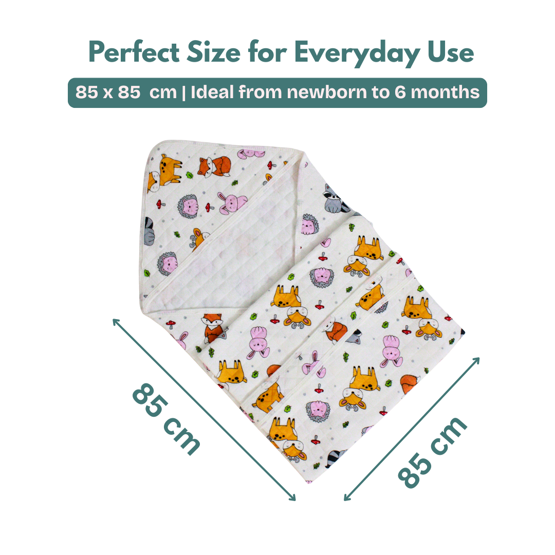 Fun animals Print – Muslin Quilted Hooded Blanket with Belt | 85 x 85 cm | Pack of 1