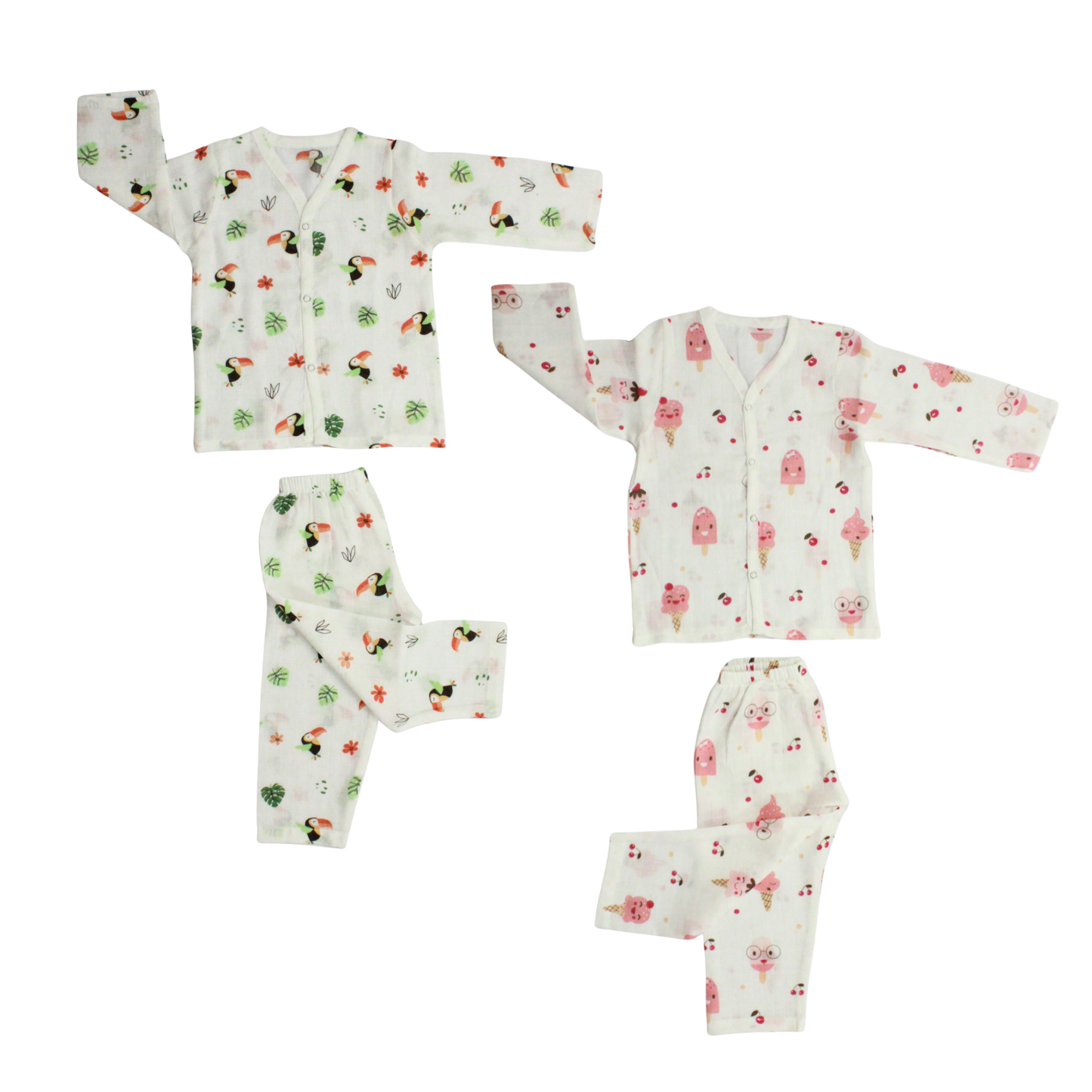 Organic Muslin Sleepsuit | Full Sleeve Top & Pant (Pack of 2, Fun icecream & Toucan Bird Print)