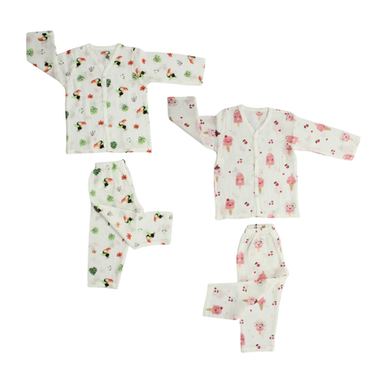 Organic Muslin Sleepsuit | Full Sleeve Top & Pant (Pack of 2, Fun icecream & Toucan Bird Print)