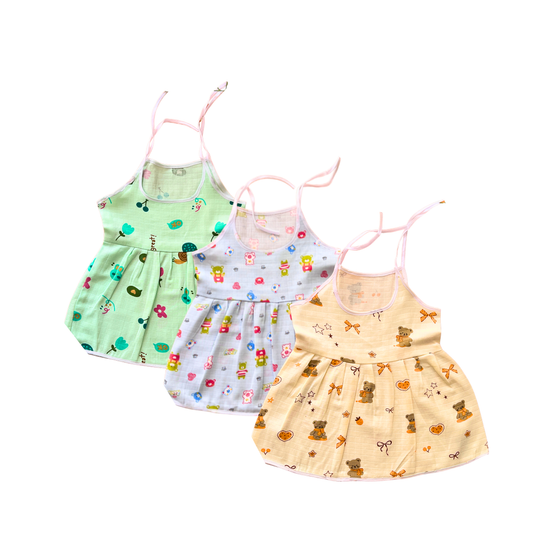 Muslin Cotton Baby Frocks | Pack of 3 | Ultra-Soft, knot-frocks