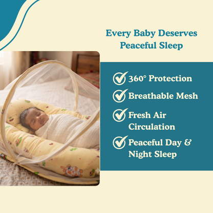 Teddy Dreams Premium Cotton Baby Bedding Set with 360° Mosquito Net | (75 × 45 cm)