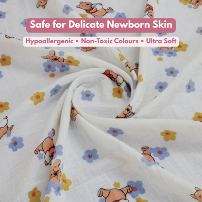 Muslin Swaddle Blanket for Newborn Baby (120 x 100 cm, Bear & floral printed , Pack of 1)