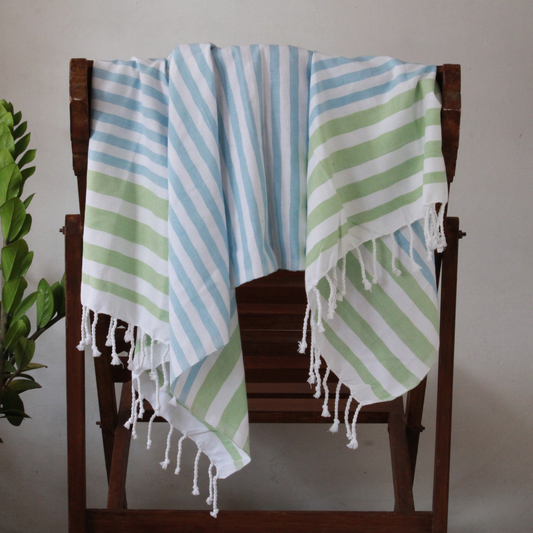 Premium Cotton Bath Towel 150 x 75 cm | Pack of 1 (Sky Blue & Green Stripes)