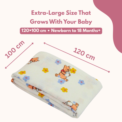 Muslin Swaddle Blanket for Newborn Baby (120 x 100 cm, Bear & floral printed , Pack of 1)
