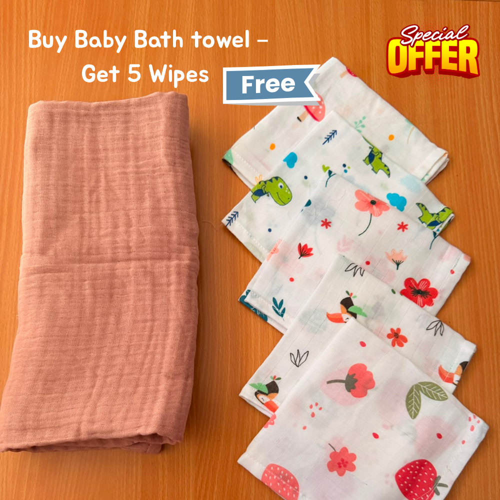 100% Organic Muslin mauve pink Baby Bath Towel (110 x 75 cm) + Get 5 Printed Muslin Wipes Free (12 x 12 Inches)