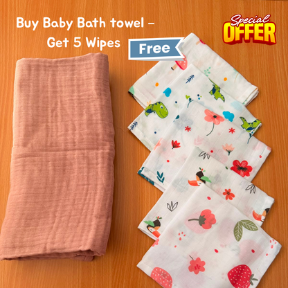 100% Organic Muslin mauve pink Baby Bath Towel (110 x 75 cm) + Get 5 Printed Muslin Wipes Free (12 x 12 Inches)