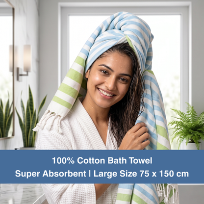 Premium Cotton Bath Towel 150 x 75 cm | Pack of 1 (Sky Blue & Green Stripes)