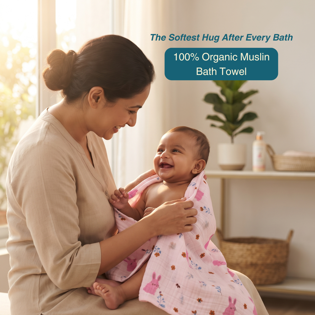 Blush Bunny 100% Organic Muslin Baby Bath Towel (100 × 70 cm)