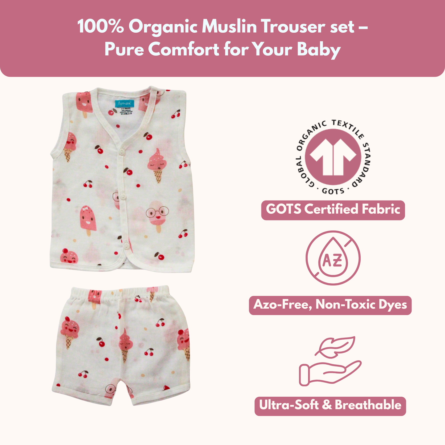 Cherry Popsicle Muslin Trouser Set | Pack of 1 | 3-6 Month