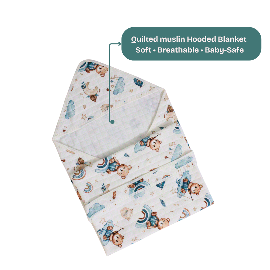 Little Sailor Print – Muslin Quilted Hooded Blanket with Belt | 85 x 85 cm | Pack of 1