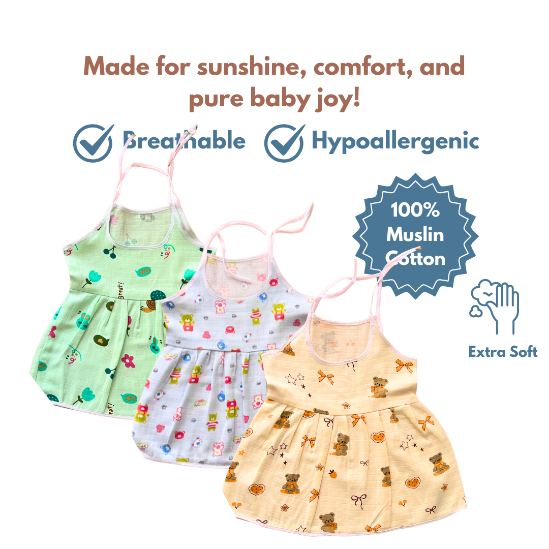 Muslin Cotton Baby Frocks | Pack of 3 | Ultra-Soft, knot-frocks
