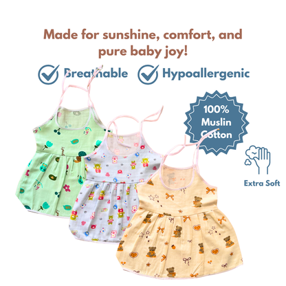 Muslin Cotton Baby Frocks | Pack of 3 | Ultra-Soft, knot-frocks