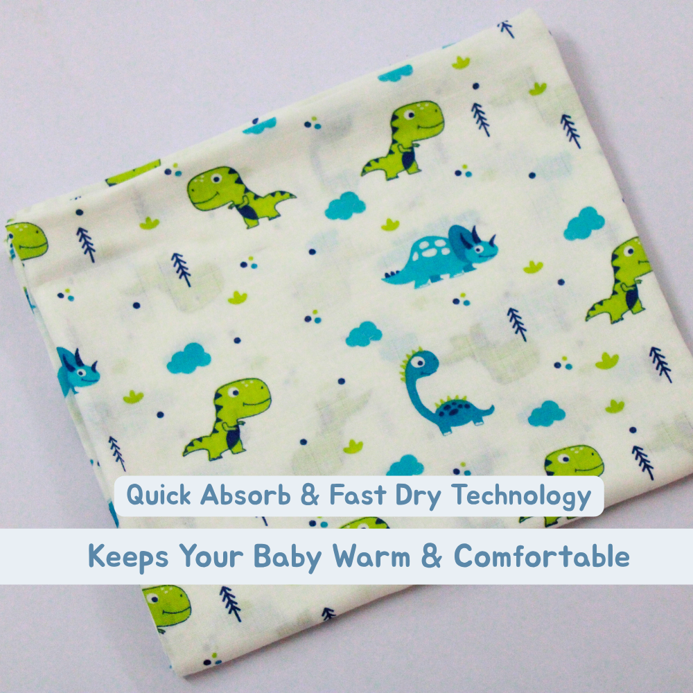 Little Dino World Baby Muslin Towel Set (120 x 100 cm) + 2 Free Wipes (10x10 inch)