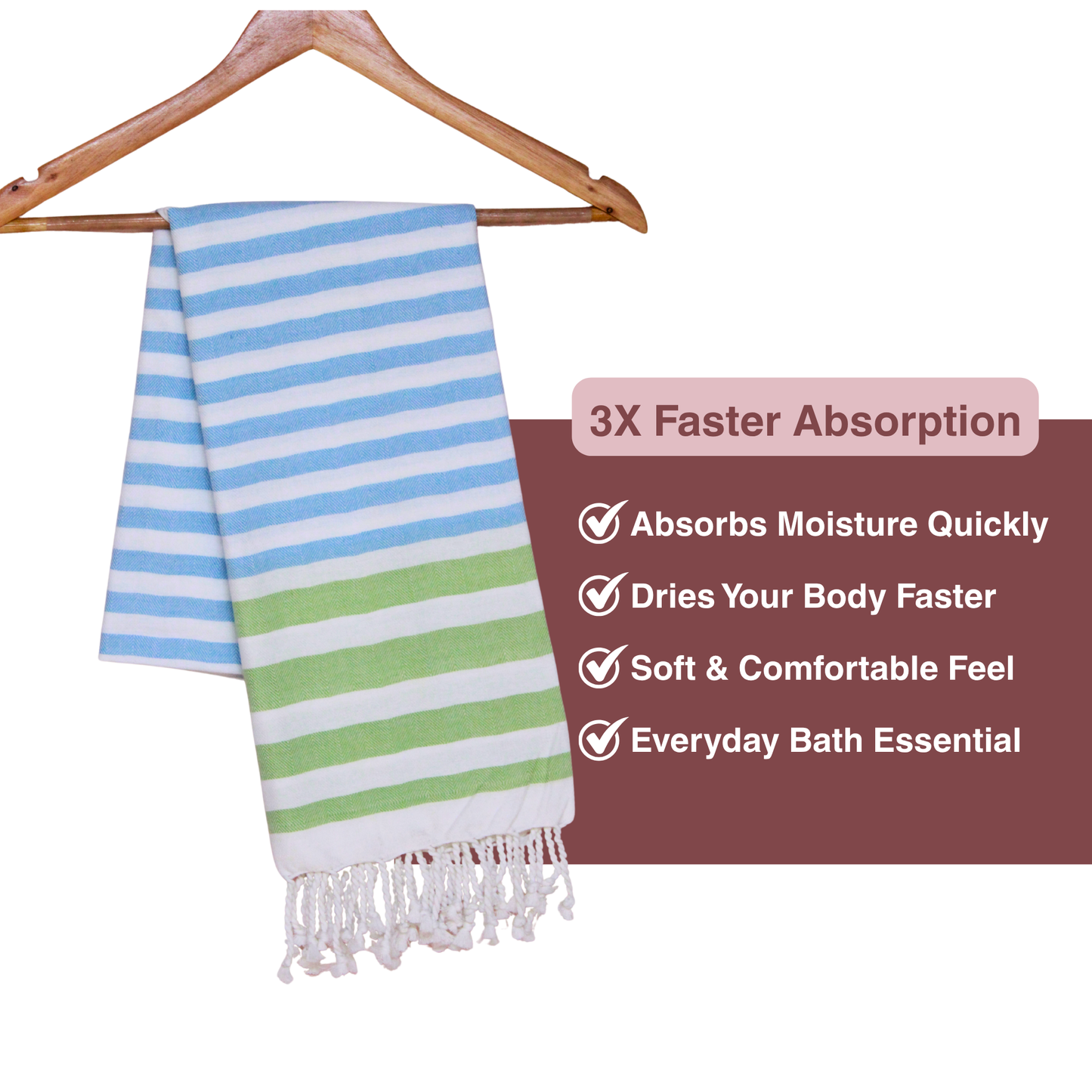 Premium Cotton Bath Towel 150 x 75 cm | Pack of 1 (Sky Blue & Green Stripes)