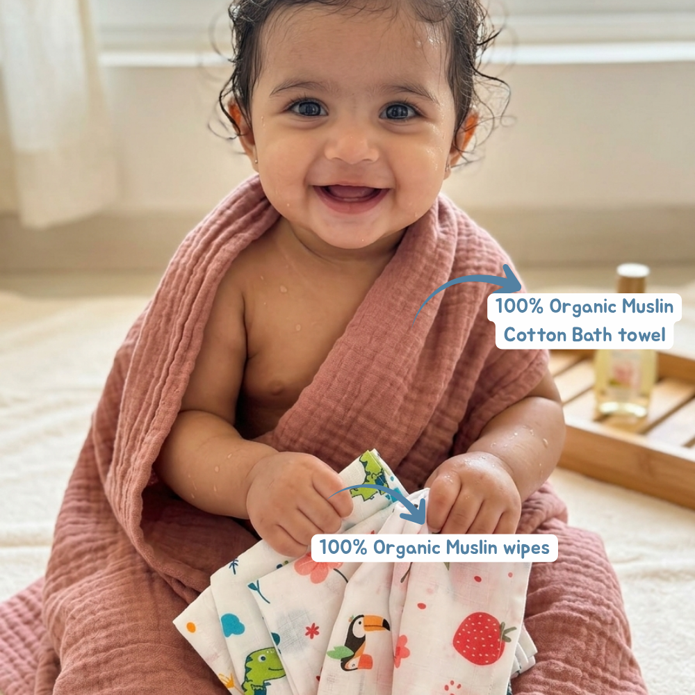 100% Organic Muslin mauve pink Baby Bath Towel (110 x 75 cm) + Get 5 Printed Muslin Wipes Free (12 x 12 Inches)