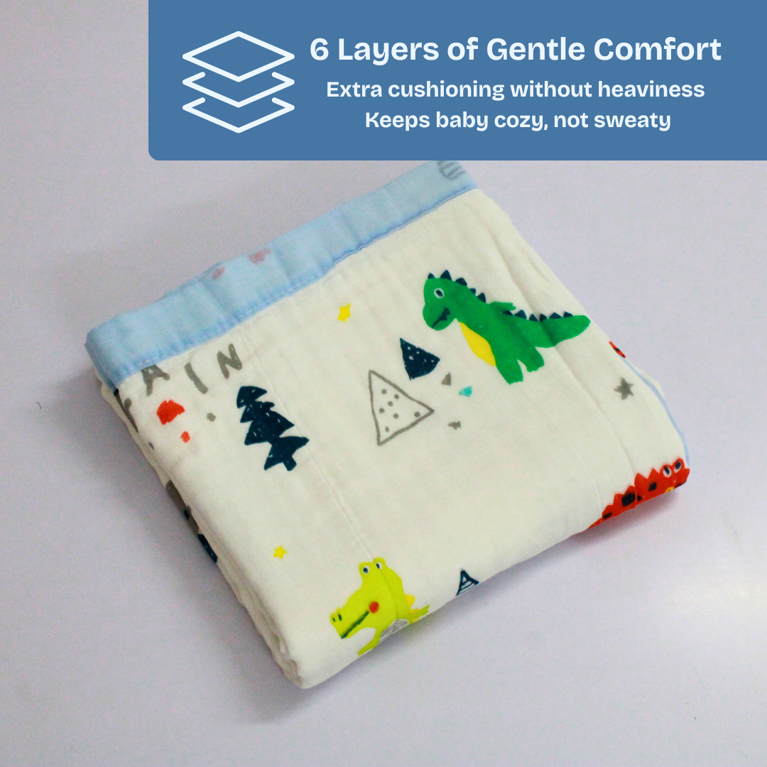 6 Layer Dino Adventure Print Baby Blanket 110x100 cm - Pack of 1